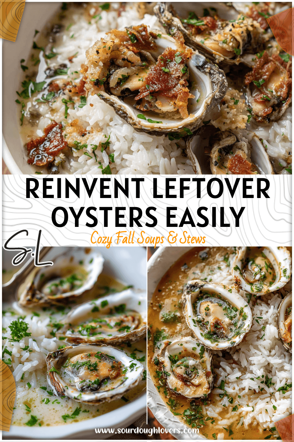 Close-up of hearty oyster soup with rice and herbs in a white bowl.